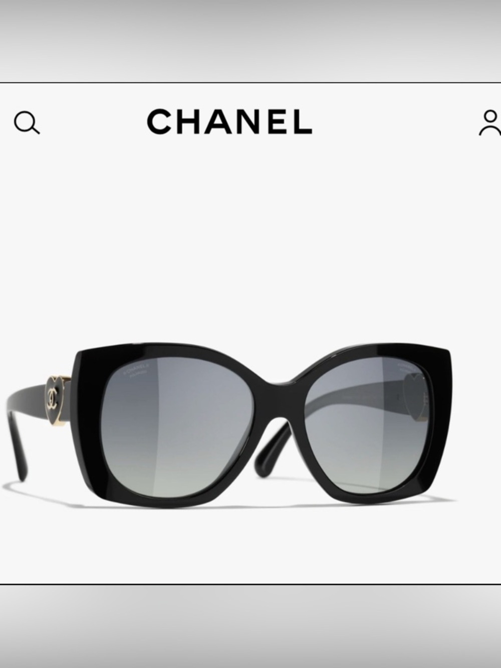 CHANEL Elegant Square Black Sunglasses with Black and Gold CC Heart Logo